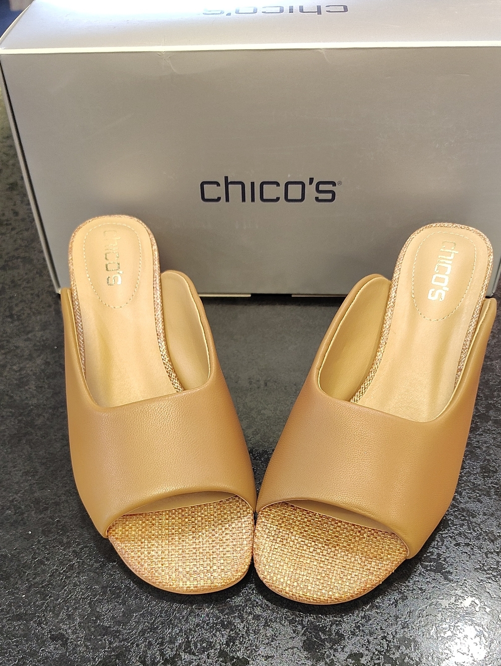 Chico's Camel Tan Open-Toe Slide Mules